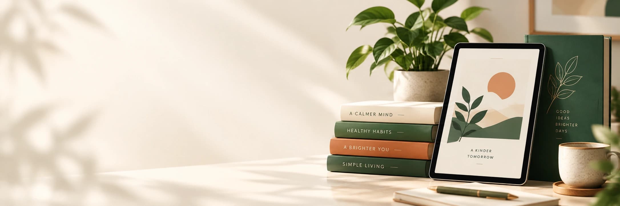 Books, a tablet and plants in a sunlit workspace